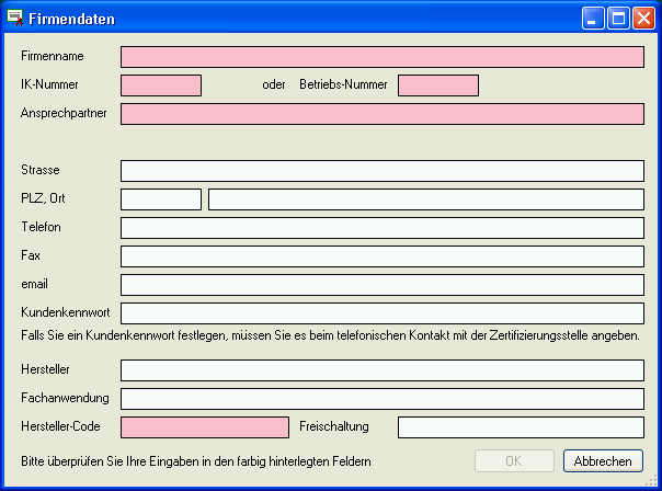 Formular zur Eingabe der Firmendaten